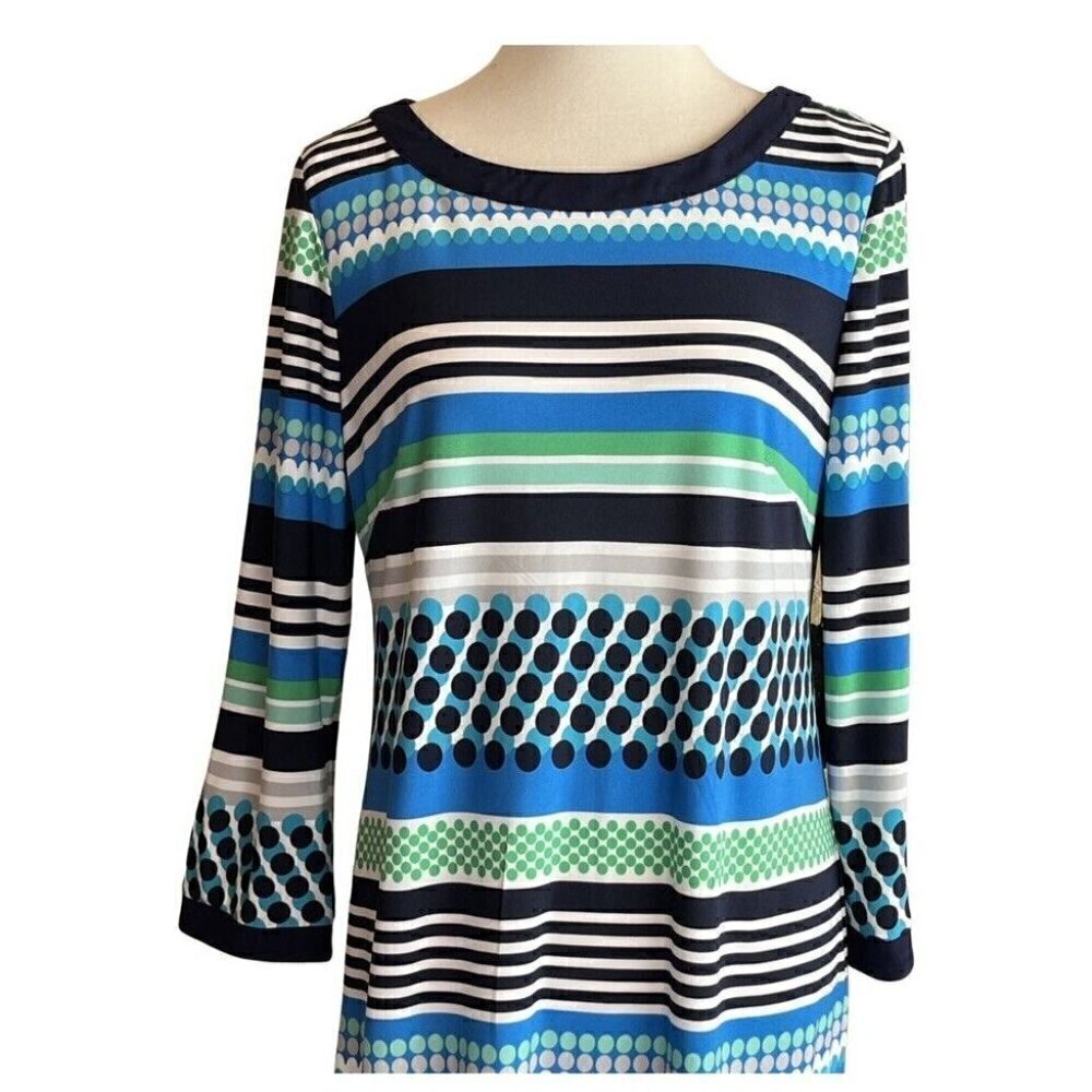 Vince Camuto Womens Blue Jersey Dotted Stripe Crew neck Mini Dress Size 14 - Picture 6 of 16